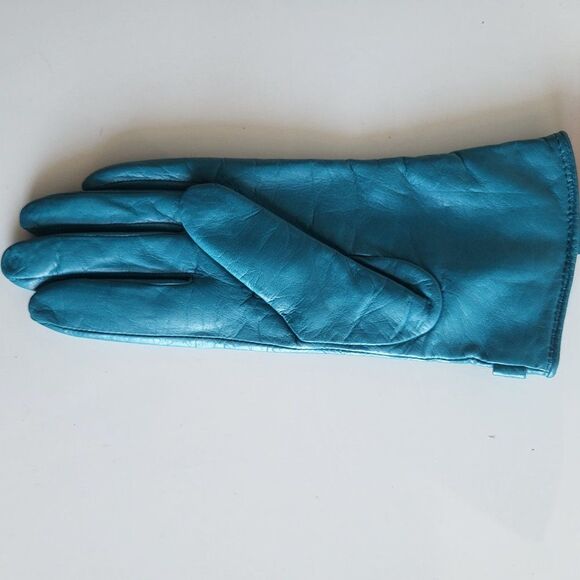 Tory Burch Women's Teal Green Leather Bow Pleated Gloves Size 6.5 - Picture 5 of 10